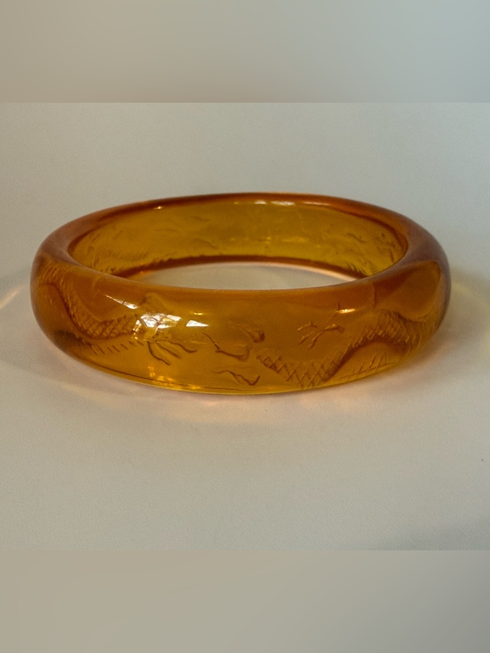Vintage Apple Juice Lucite Bangle Bracelet Reverse Carved Dragon Amber